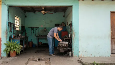 Un mécanicien effectuant une réparation automobile en utilisant des outils suspendus dans un garage avec des murs turquoise et de la lumière naturelle.