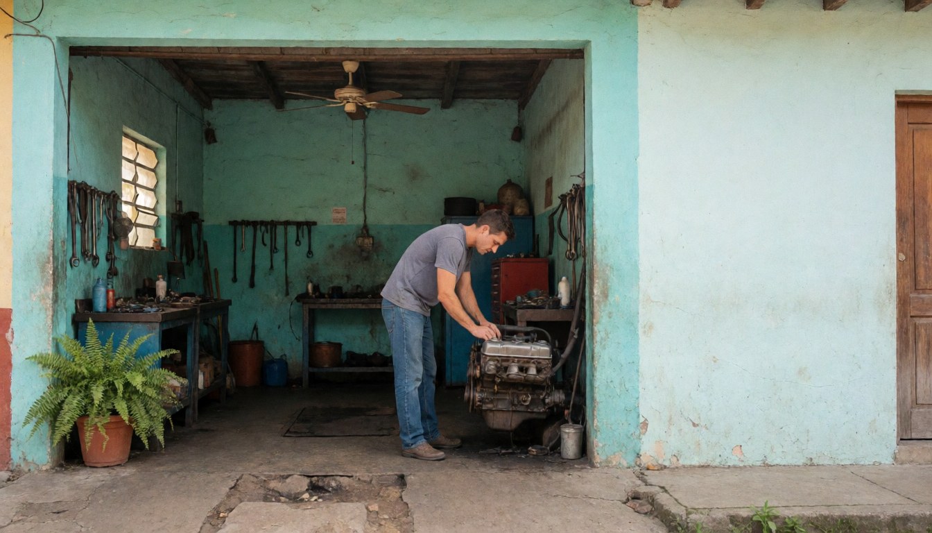 Un mécanicien effectuant une réparation automobile en utilisant des outils suspendus dans un garage avec des murs turquoise et de la lumière naturelle.