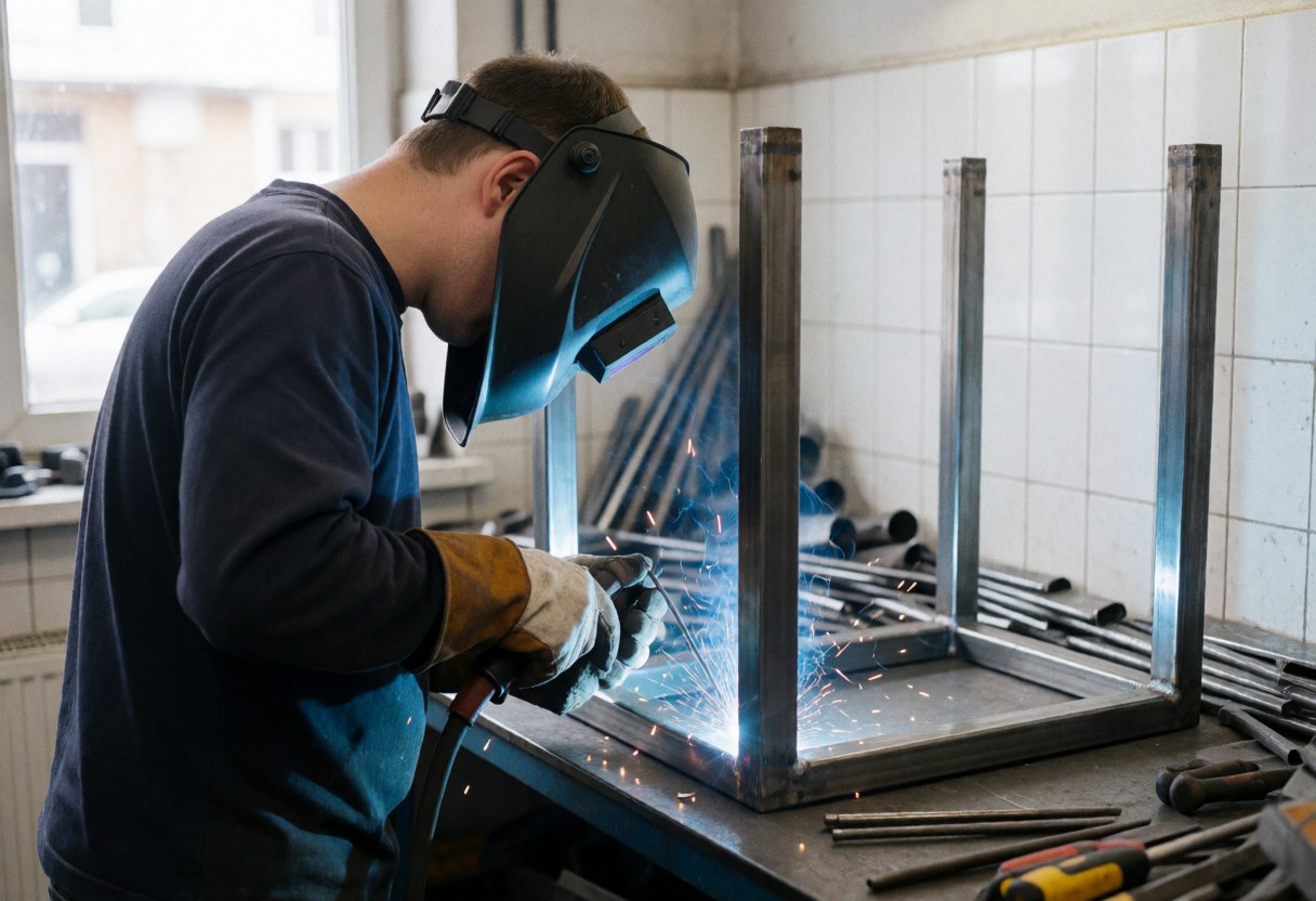 Un soudeur professionnel effectue une soudure à l'arc sur une structure métallique dans un atelier industriel, créant des tables sur mesure.