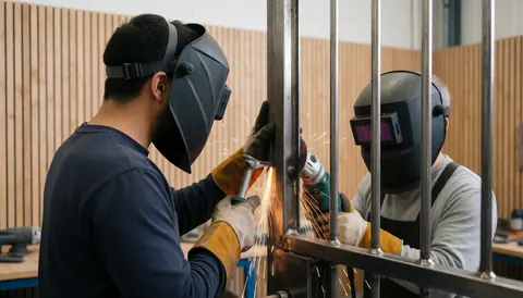 Deux soudeurs équipés de casques et de gants travaillent ensemble sur une porte de sécurité en métal dans un atelier, avec des étincelles projetées.