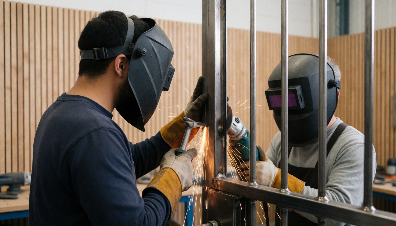 Deux soudeurs équipés de casques et de gants travaillent ensemble sur une porte de sécurité en métal dans un atelier, avec des étincelles projetées.