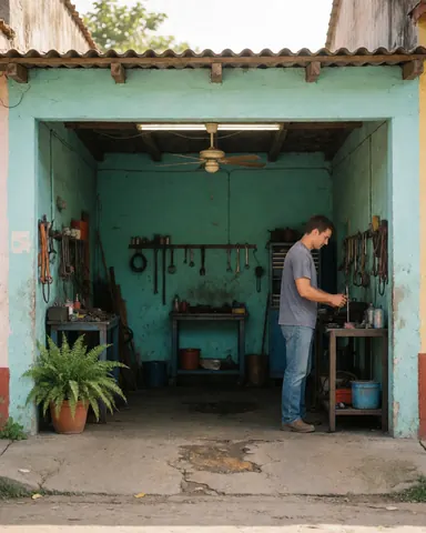 Mécanicien concentré sur son travail dans un atelier avec des outils suspendus et un mur turquoise
