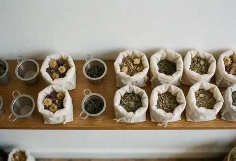 Sachets d'herbes et infuseurs disposés ordonnés sur une étagère en bois, éclairage naturel et tons neutres pour un espace bienveillant.