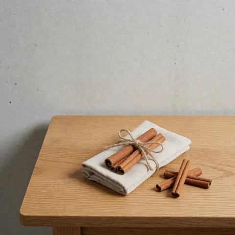 Un sachet en tissu contenant de la cannelle et de la rue, noué avec une corde de jute posé sur une table en bois clair devant un mur de béton dans un style minimaliste.