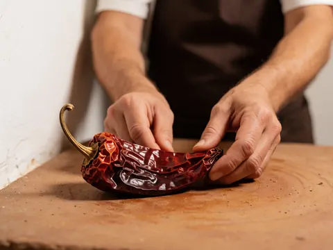 Gros plan sur un piment ancho séché posé sur une surface en terre cuite avec des mains humaines visibles, mettant en valeur la texture et les couleurs chaudes.