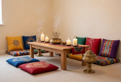 Espace préparé pour des cérémonies avec table en bois, coussins colorés, encens et bougies allumées, ambiance sereine et culturelle.