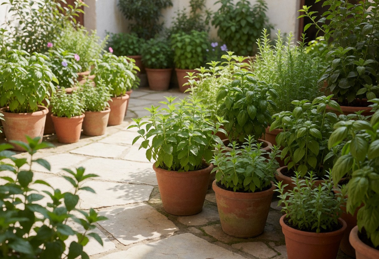 Courtyard avec des plantes médicinales en pots de terre cuite, chemins de pierre, lumière du soleil et ombres douces, ambiance naturelle et sereine pour la pratique traditionnelle de la médecine.