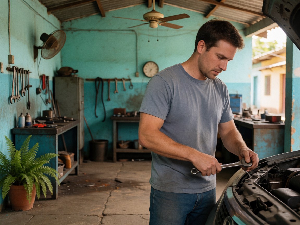 Gros plan sur les mains d'un mécanicien effectuant une réparation automobile avec des outils dans un atelier.