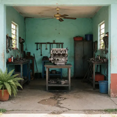 Une pièce mécanique propre posée sur un sol en béton avec des taches d'huile, devant un mur turquoise, évoquant un atelier de réparation automobile.