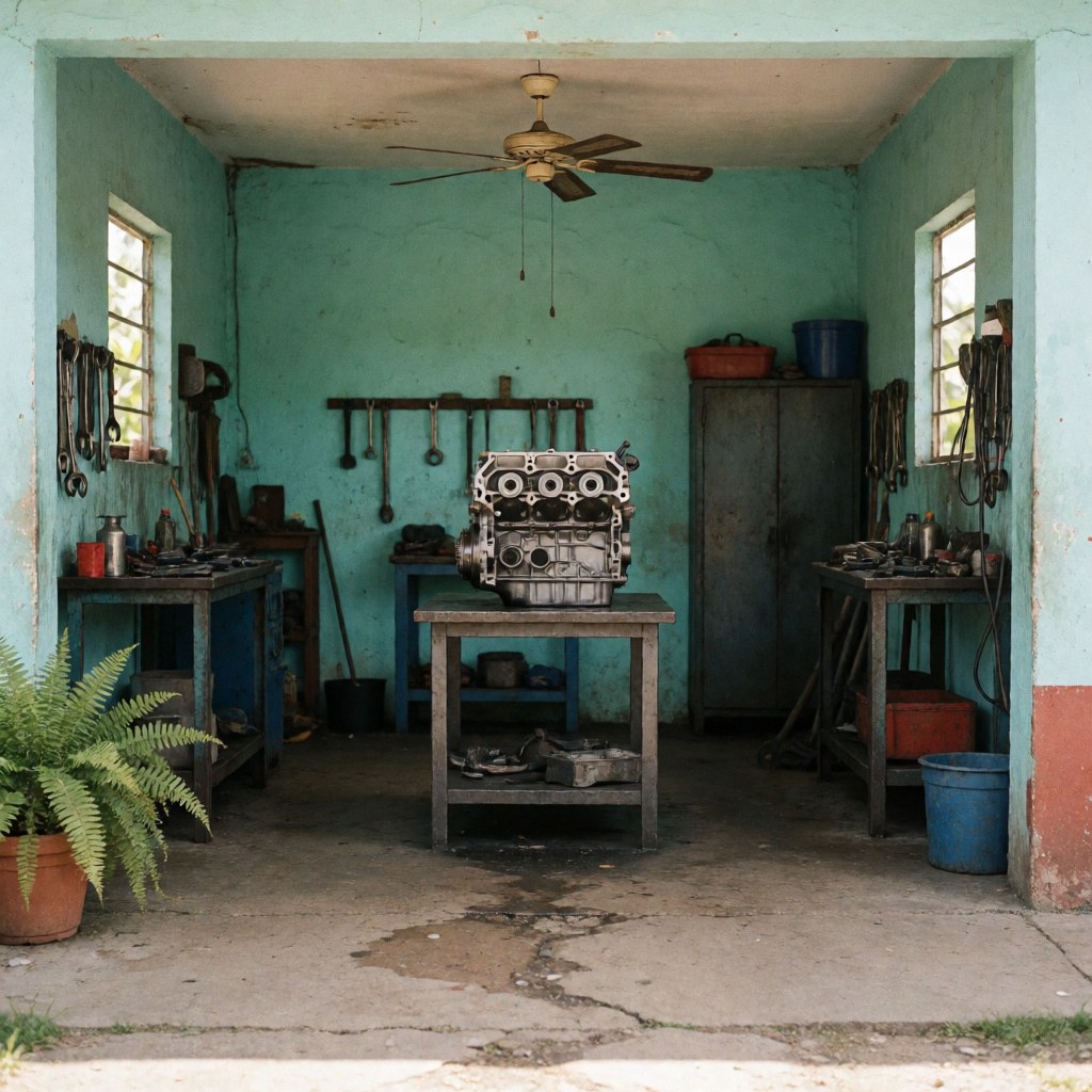 Une pièce mécanique propre posée sur un sol en béton avec des taches d'huile, devant un mur turquoise, évoquant un atelier de réparation automobile.