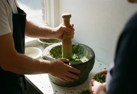 Un professionnel prépare un mélange d'herbes fraîches dans un mortier en pierre avec une lumière naturelle entrant par la fenêtre.