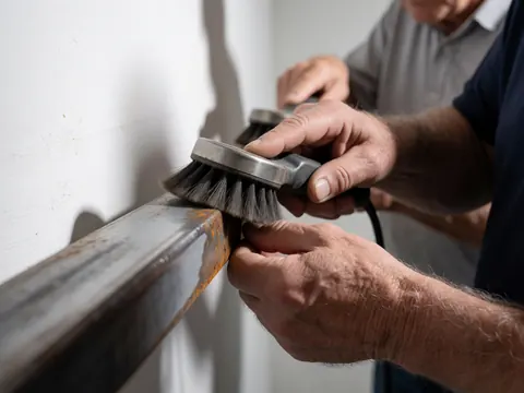 Des mains nettoient une barre de métal avec une brosse, éliminant la corrosion et révélant le métal poli sur fond blanc.