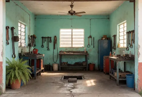 Vue intérieure d'un garage mécanique avec outils suspendus au mur, table de travail, sol en béton et lumière naturelle entrant par une fenêtre.