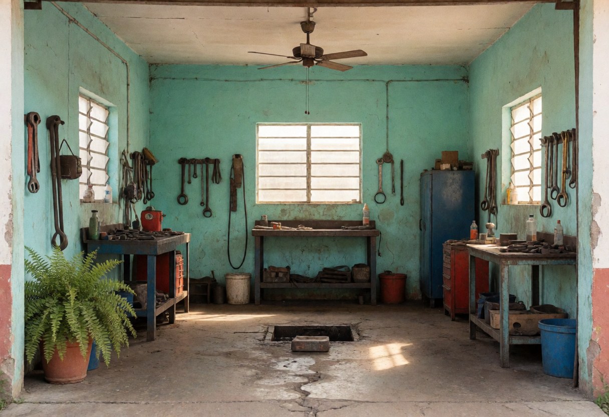 Vue intérieure d'un garage mécanique avec outils suspendus au mur, table de travail, sol en béton et lumière naturelle entrant par une fenêtre.