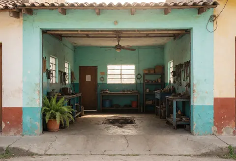 Intérieur d'un garage avec murs turquoise usés, sol en béton, outils suspendus, plante en pot et ventilateur de plafond.