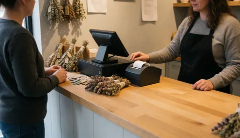 Un comptoir en bois accueille une vendeuse et des herbes sèches disposées pour la vente, avec une caisse enregistreuse et une imprimante à reçus visibles sur le devant.