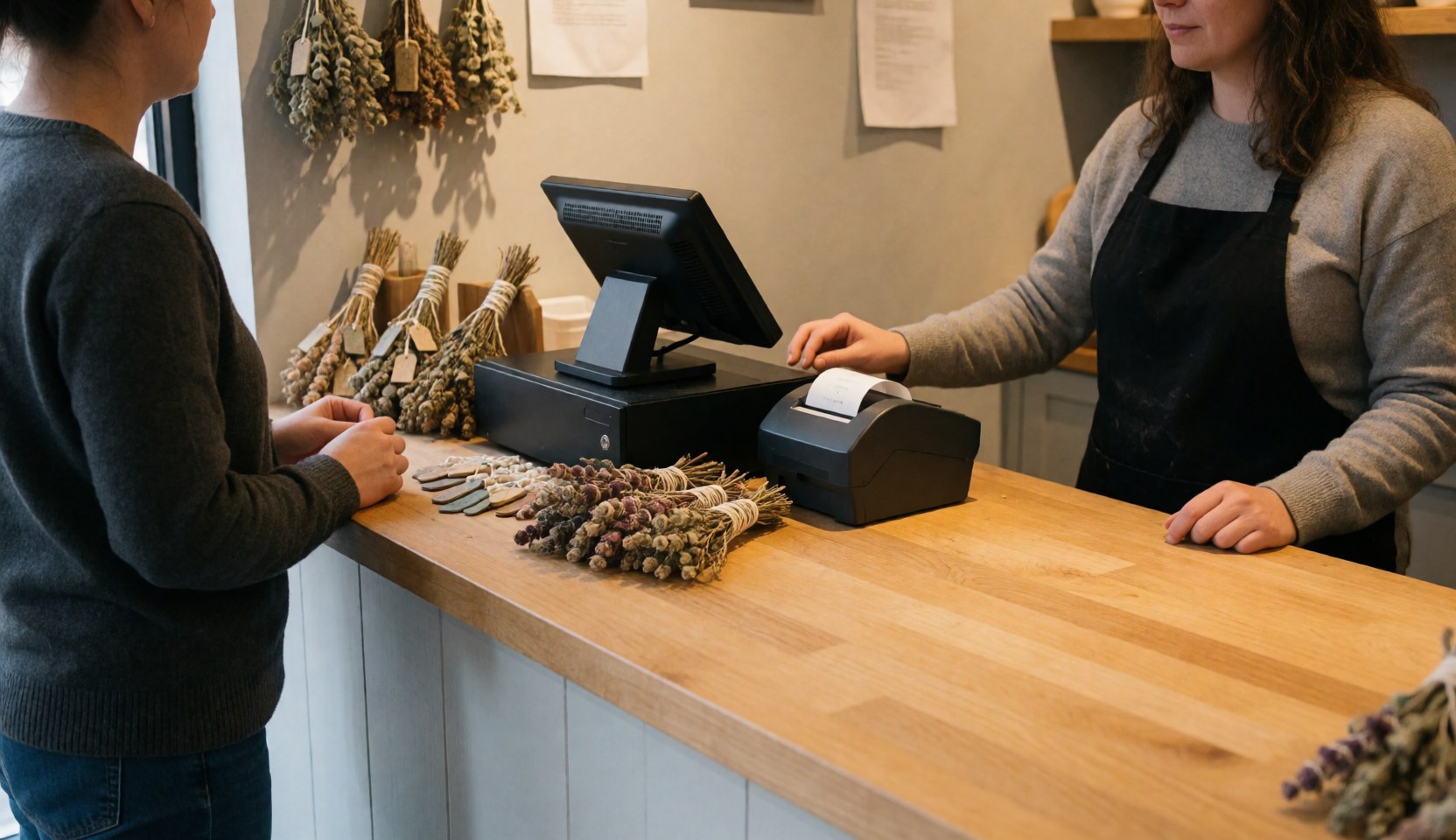 Un comptoir en bois accueille une vendeuse et des herbes sèches disposées pour la vente, avec une caisse enregistreuse et une imprimante à reçus visibles sur le devant.