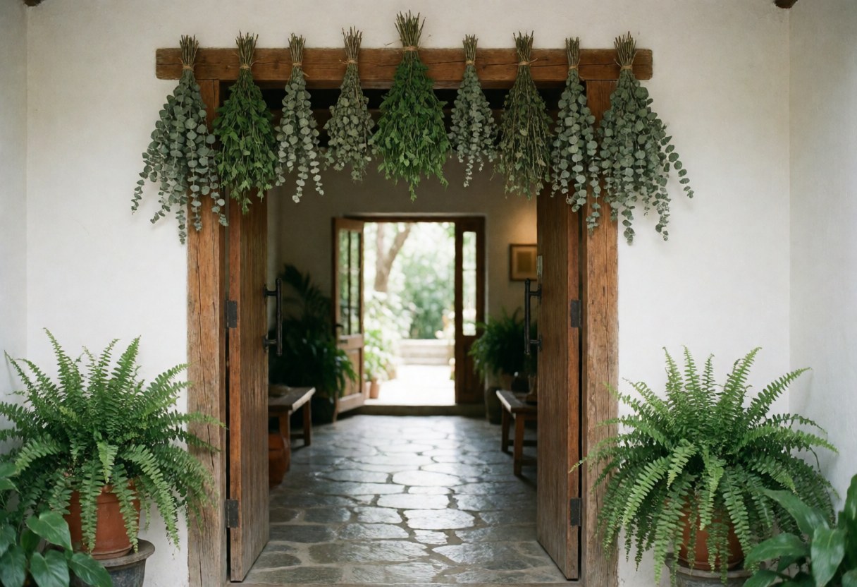 Vue de l'entrée d'un établissement de bien-être avec une porte en bois, des plantes vertes et des herbes séchées, évoquant la nature et la sérénité.