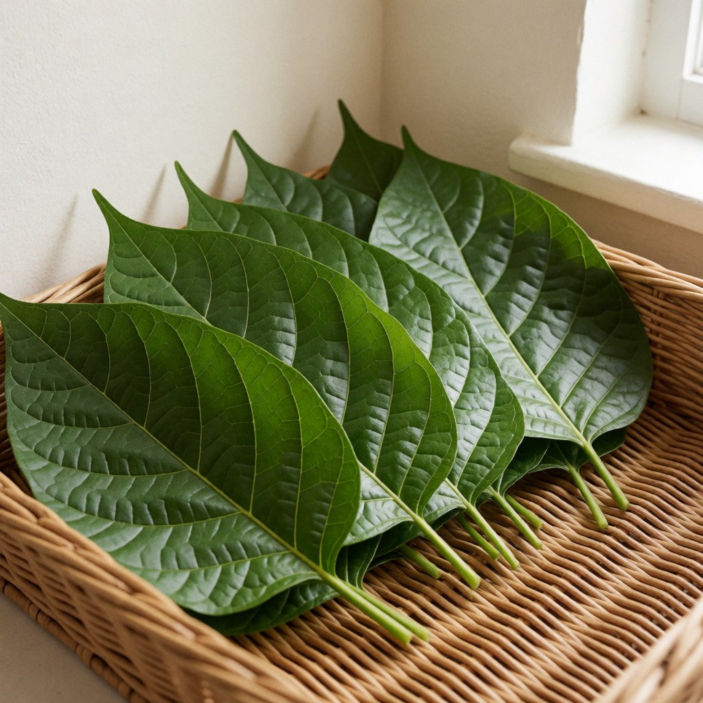 Des feuilles de chaya vert vif dans un panier en osier, éclairées par la lumière naturelle, sur un fond blanc chaud, produit de santé traditionnelle.