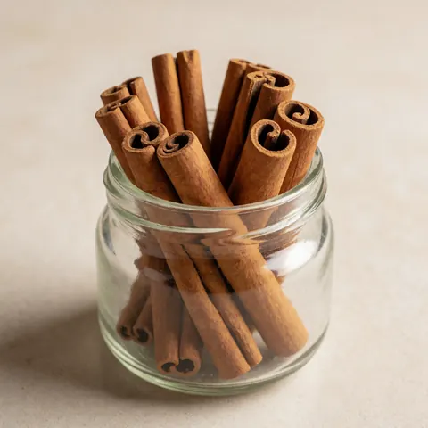 Plusieurs bâtons de cannelle disposés verticalement à l'intérieur d'un récipient transparent en verre, mettant en valeur la texture et la couleur naturelle de l'épice.