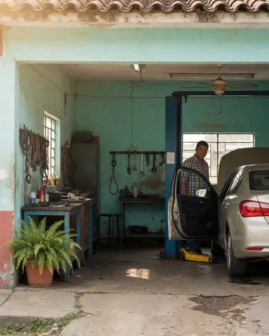 Un homme souriant regarde son véhicule à l'intérieur d'un atelier de réparation automobile.