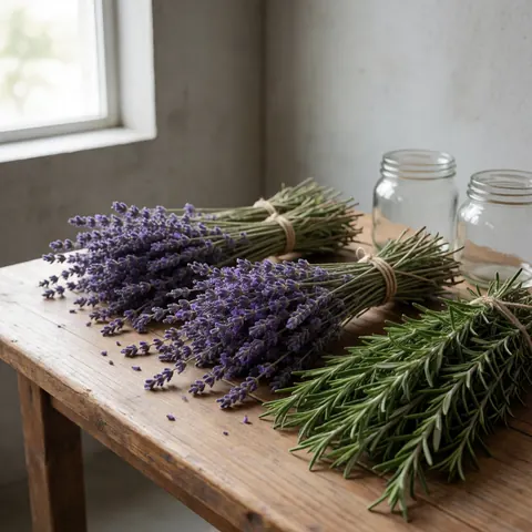 Des bouquets de lavande séchée et de romarin frais posés sur une table en bois rustique, éclairée par la lumière naturelle d'une fenêtre, accompagnés de bocaux en verre.