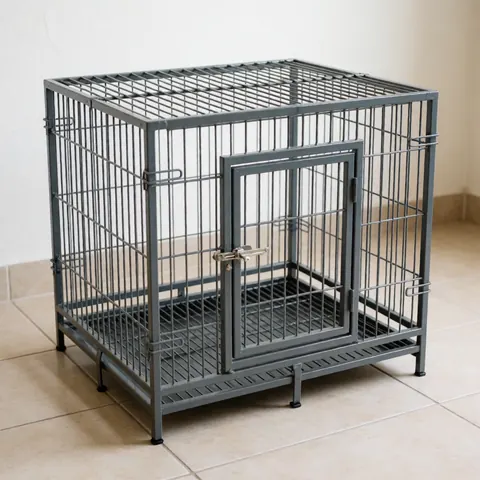Vue de face d'une cage en métal pour animaux de compagnie, équipée d'une porte avec charnières, serrure et loquet de sécurité.