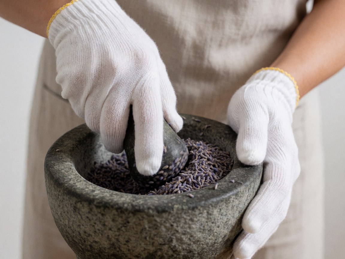 Des mains utilisent un pilon pour broyer des fleurs de lavande séchées dans un mortier en pierre, mettant en valeur la texture et le processus de préparation traditionnelle.