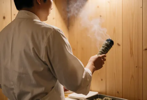 Pratique de médecine traditionnelle avec du romarin enflammé, fumée qui s'élève, mur en bois, ambiance chaleureuse et professionnelle, une seule main visible tenant le romarin.