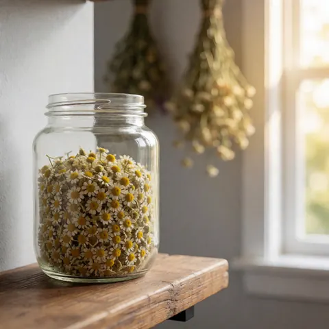 Des bocaux en verre remplis de camomille séchée disposés sur une étagère en bois, évoquant le bien-être et les produits naturels.