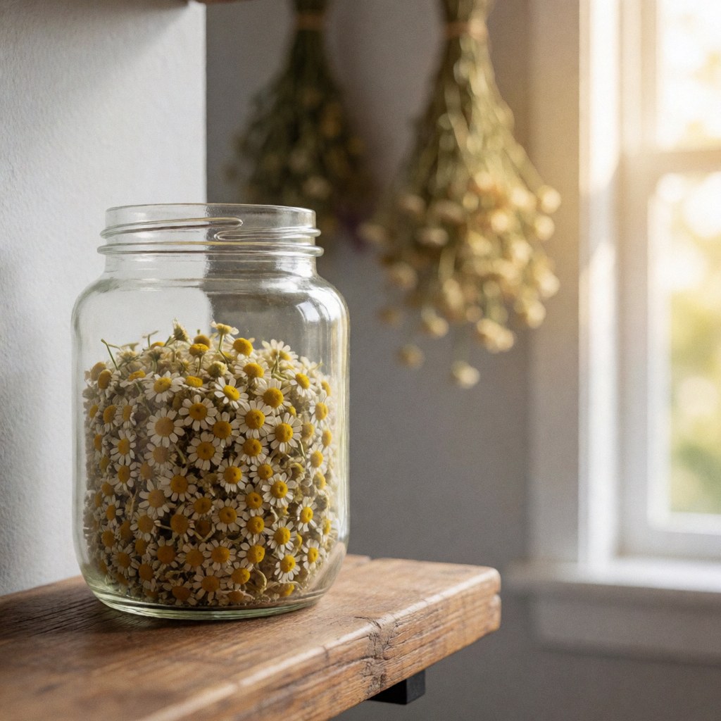 Des bocaux en verre remplis de camomille séchée disposés sur une étagère en bois, évoquant le bien-être et les produits naturels.
