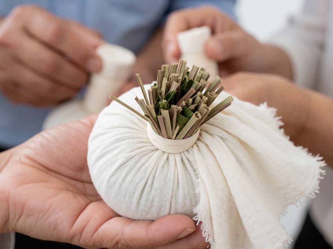 Gros plan d'une compresse herbale de massage thaïlandais avec des herbes sèches comme le citronnelle et les feuilles de kaffir, mains travaillant sur un tissu blanc, ambiance thérapeutique.