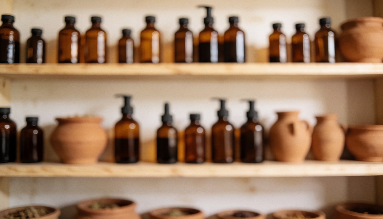 Une étagère en bois chargée de bocles en verre et terre cuite contenant des remèdes naturels, créant une ambiance chaleureuse pour un texte.