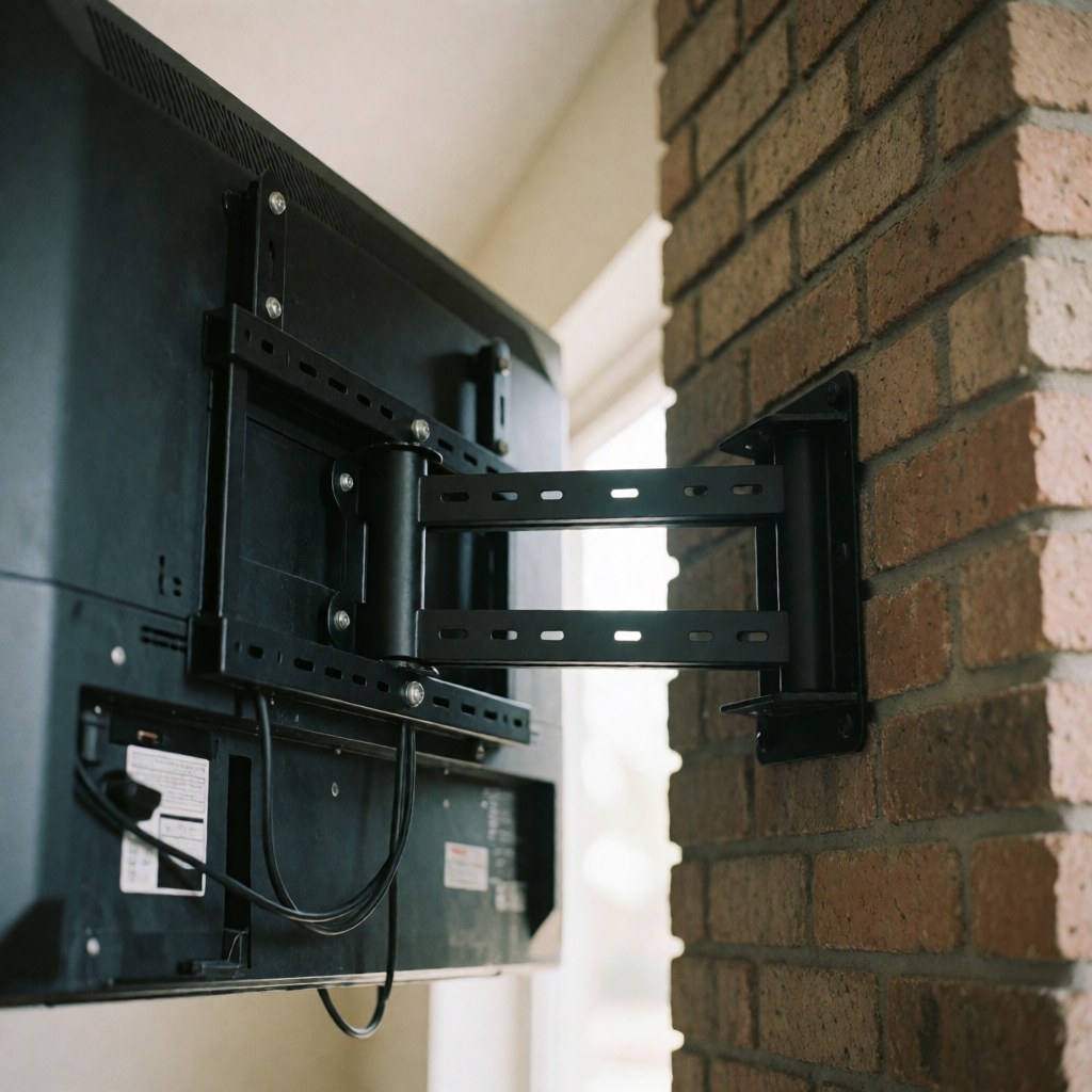 Installation d'un support de télévision robuste sur un mur en briques rouges par un professionnel du métal.
