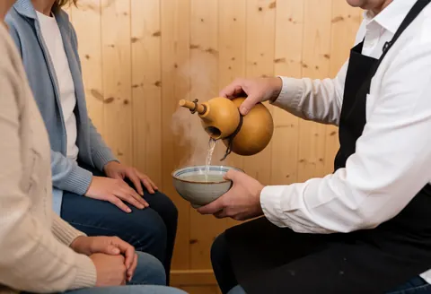 Un thérapeute transvase de l'eau fumante d'un récipient en gourde vers une tasse en céramique sur une table en bois.
