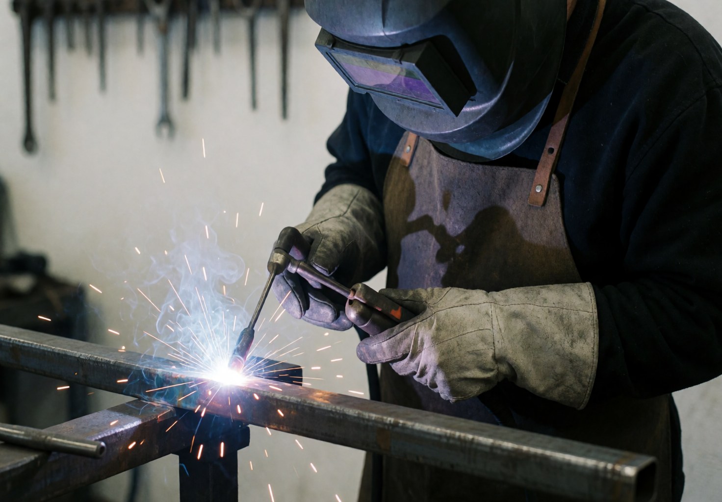 Un soudeur équipé d'un casque et de gants réalise une soudure sur une barre d'acier, des étincelles volent, des outils sont suspendus au mur blanc de l'atelier.