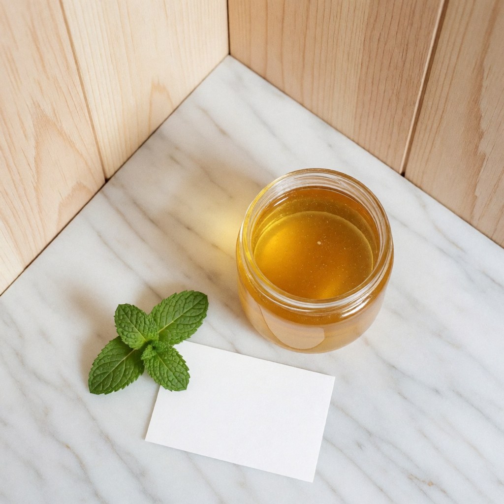 Un pot en verre rempli de miel doré, orné d'une feuille de menthe fraîche, posé sur une surface en marbre blanc et gris avec une carte blanche à côté, sur fond de murs en bois clair.