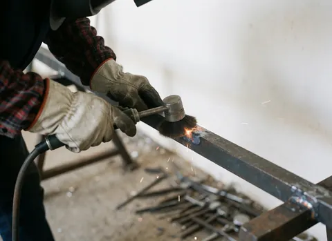 Main gantée nettoyant une jonction en métal avec un pinceau, étincelles, outils au sol, mur blanc, atelier industriel