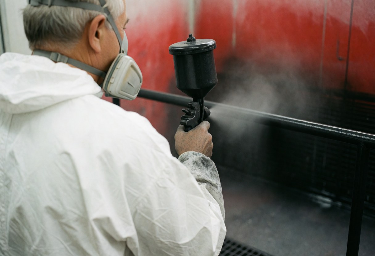 Un peintre professionnel en combinaison blanche et masque applique de la peinture noire en spray sur une rambarde métallique dans un atelier aux murs rouges.