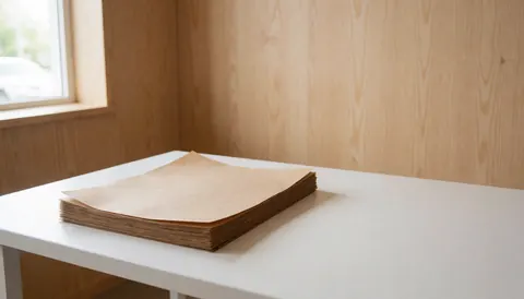 Une pile de papier kraft posée sur un bureau blanc avec un mur en bois en arrière-plan et une lumière naturelle.