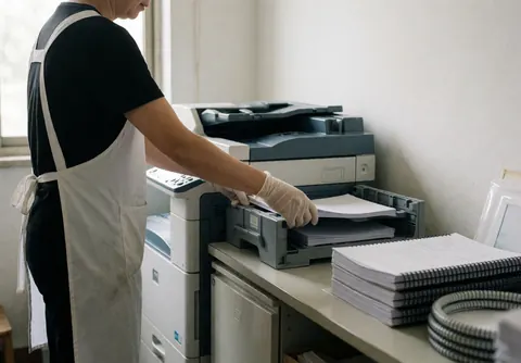 Vue rapprochée de l'équipement de reproduction et de reliure en cours de préparation dans un centre de copie professionnel.