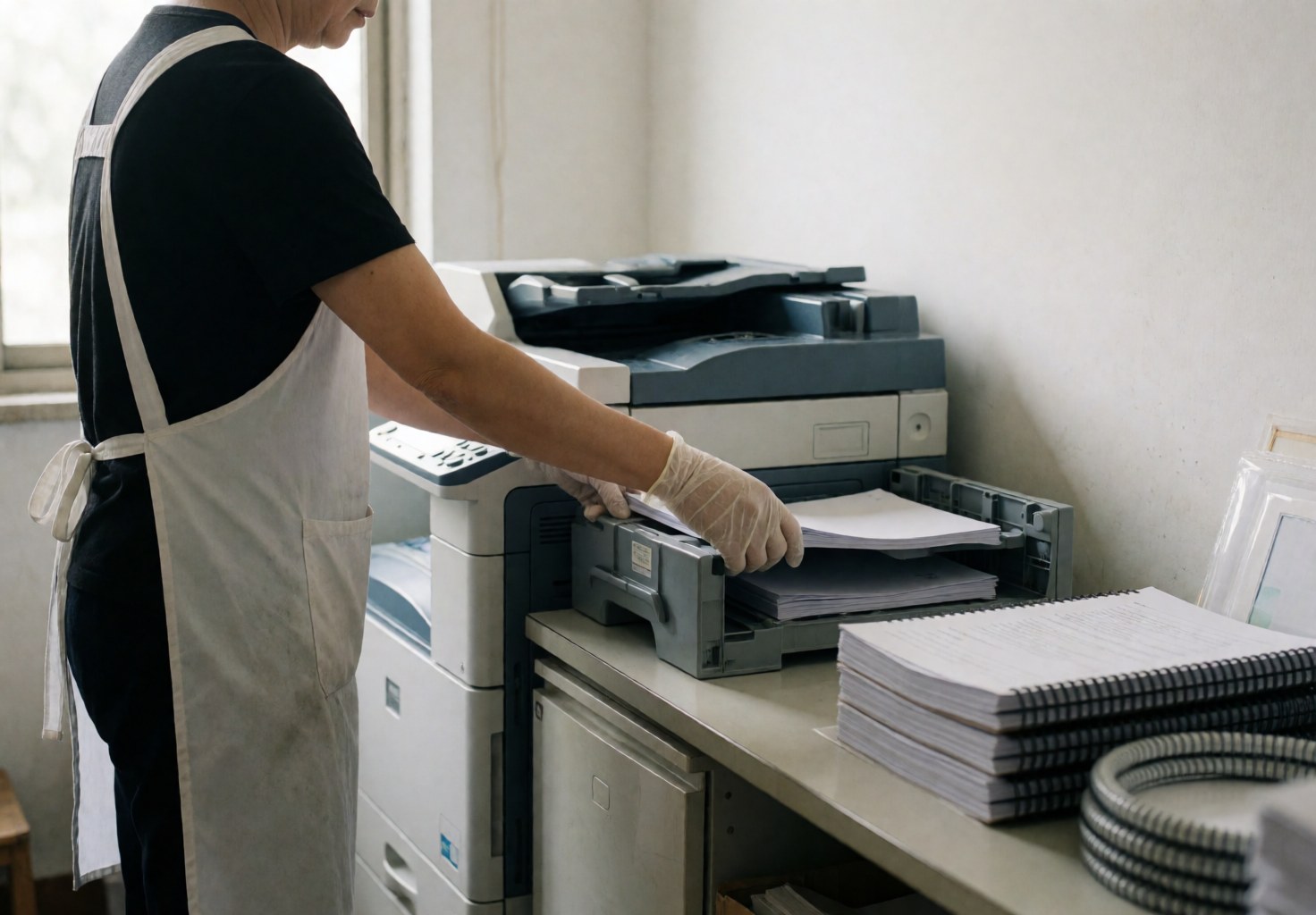 Vue rapprochée de l'équipement de reproduction et de reliure en cours de préparation dans un centre de copie professionnel.