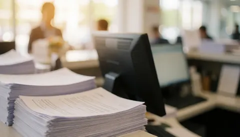 Vue d'ensemble d'un espace de travail professionnel avec un comptoir blanc en arrière-plan flou, idéal pour ajouter du texte ou des éléments graphiques dans une présentation commerciale.