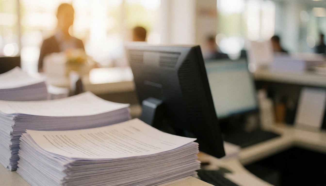 Vue d'ensemble d'un espace de travail professionnel avec un comptoir blanc en arrière-plan flou, idéal pour ajouter du texte ou des éléments graphiques dans une présentation commerciale.