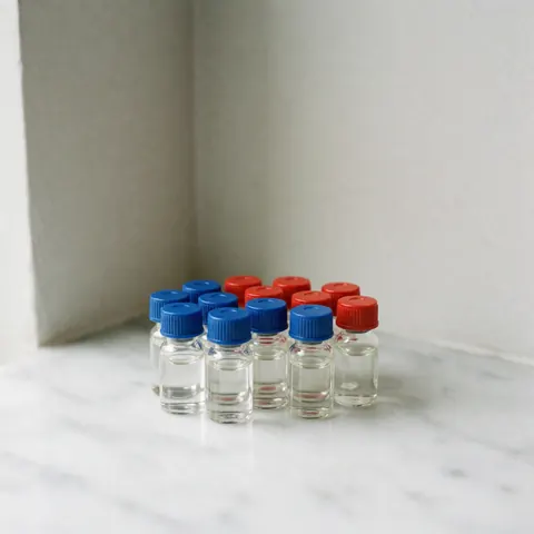 Plusieurs flacons en verre transparents contenant des gouttes florales, avec des bouchons bleus et rouges, disposés sur un plan de travail en marbre blanc poli sous un éclairage naturel.