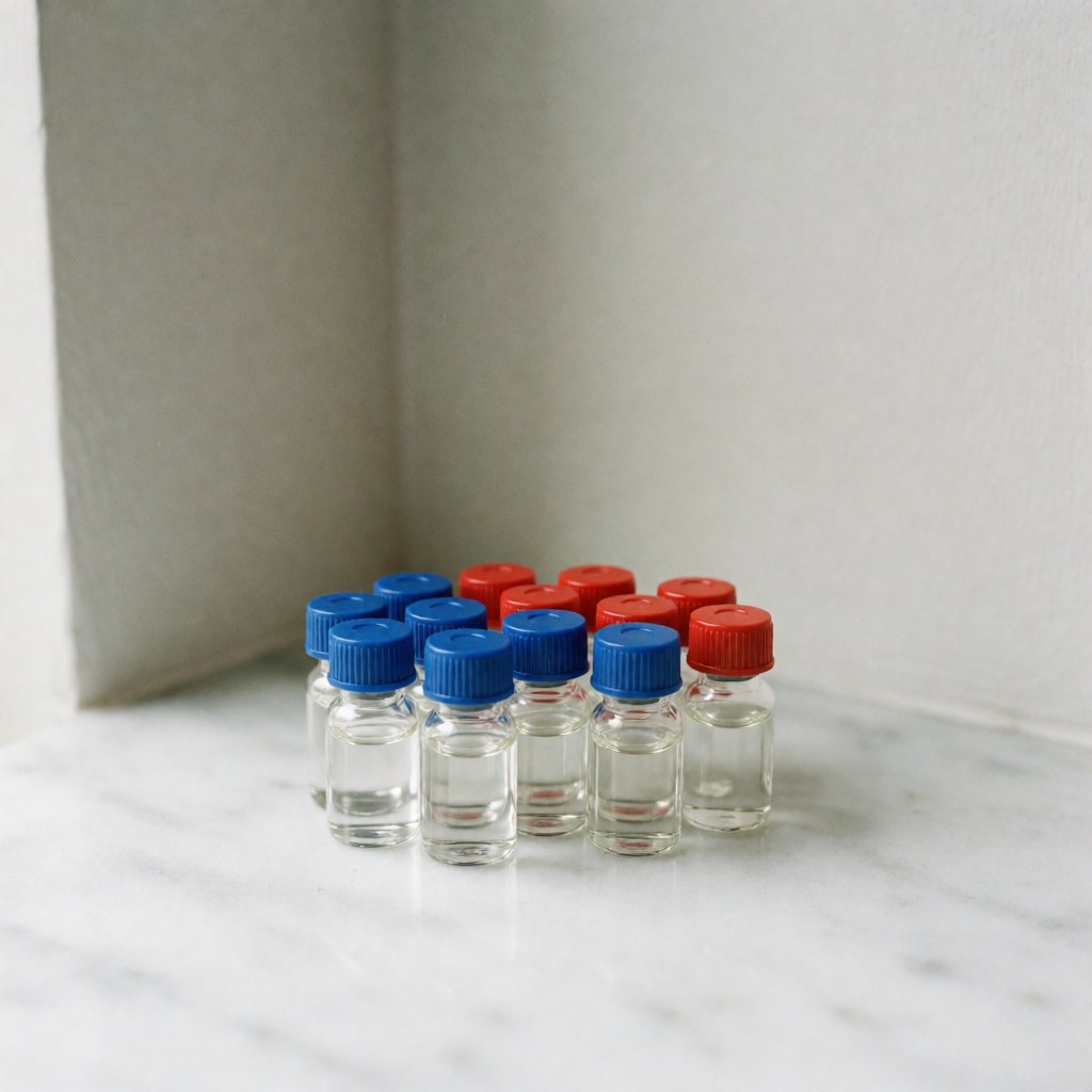 Plusieurs flacons en verre transparents contenant des gouttes florales, avec des bouchons bleus et rouges, disposés sur un plan de travail en marbre blanc poli sous un éclairage naturel.