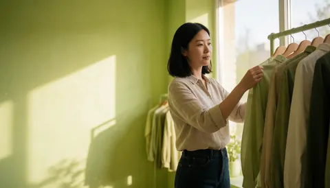 Une femme arrange des habits sur des étagères dans un magasin éclairé par la lumière naturelle, évoquant calme et style.