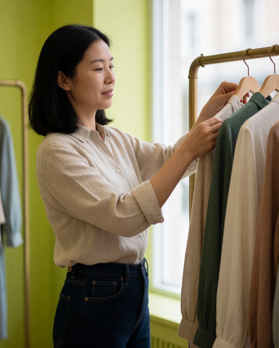 Une femme propriétaire ajuste des vêtements sur un mannequin et organise la marchandise dans sa petite boutique de mode.