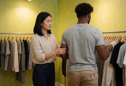 Une vendeuse vêtue de vert accompagne un client au sein d'un magasin de vêtements, illustrant un service personnalisé et une interaction commerciale.