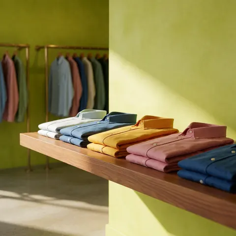 Des vêtements plissés sont présentés sur un présentoir en bois, devant un mur vert, dans une boutique de mode.